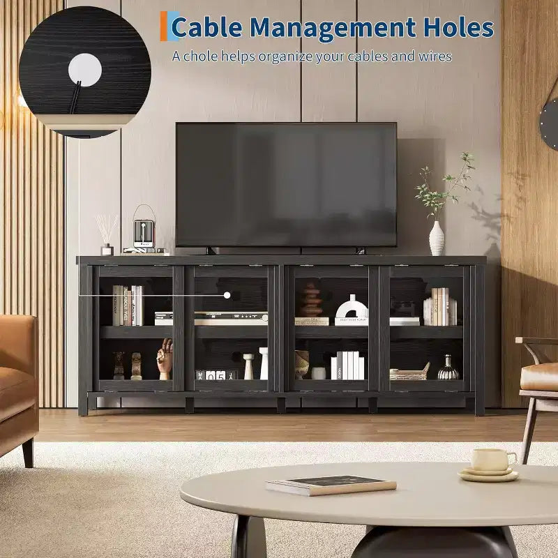 65 Inch TV Stand, Entertainment Center with Storage and 4 Sliding Glass Doors, Mid-Century Modern Media TV Console Table for Living Room