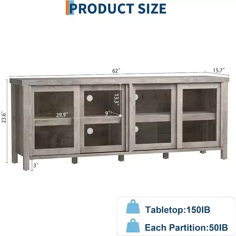 65 Inch TV Stand, Entertainment Center with Storage and 4 Sliding Glass Doors, Mid-Century Modern Media TV Console Table for Living Room