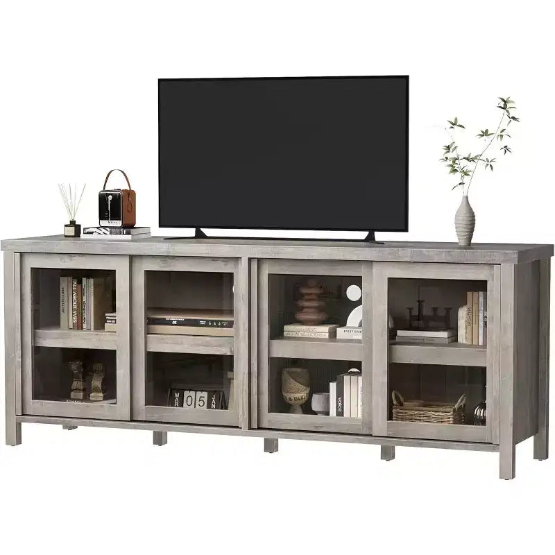 65 Inch TV Stand, Entertainment Center with Storage and 4 Sliding Glass Doors, Mid-Century Modern Media TV Console Table for Living Room