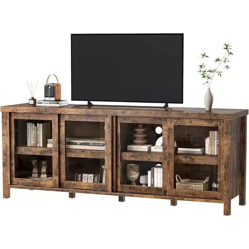 65 Inch TV Stand, Entertainment Center with Storage and 4 Sliding Glass Doors, Mid-Century Modern Media TV Console Table for Living Room