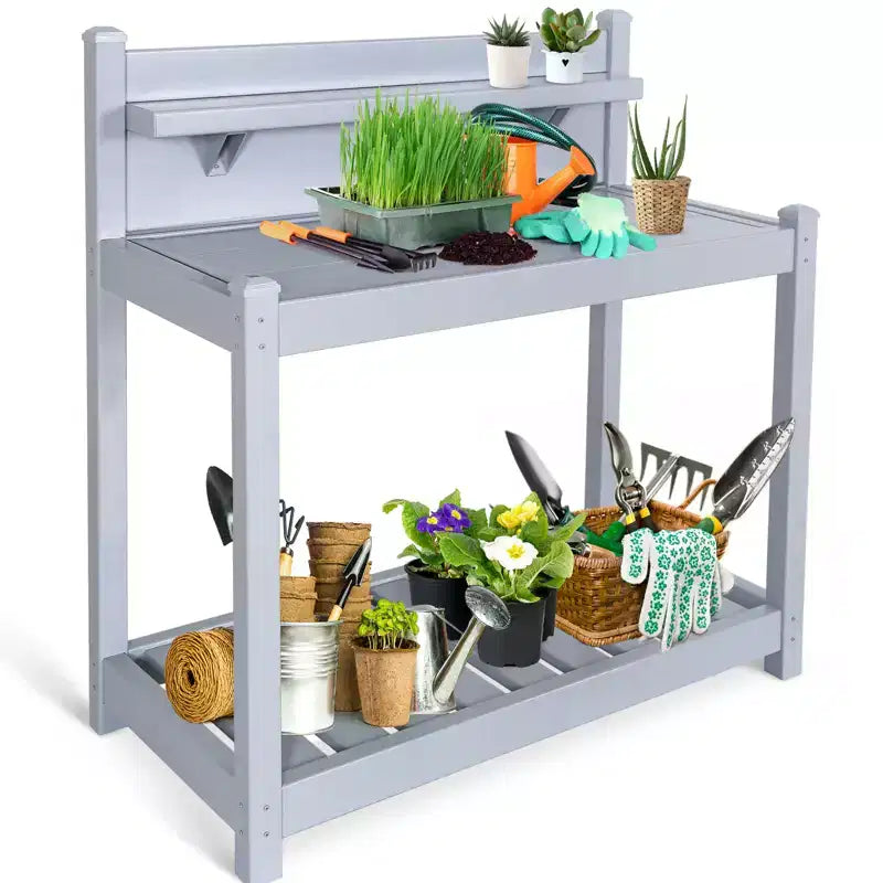 Outdoor Indoor Maintenance Free Vinyl Garden Potting Bench, Waterproof Potting Table with Open Shelf, Lower Storage, Gray
