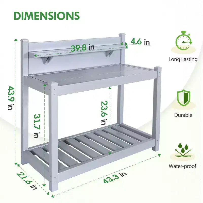 Outdoor Indoor Maintenance Free Vinyl Garden Potting Bench, Waterproof Potting Table with Open Shelf, Lower Storage, Gray