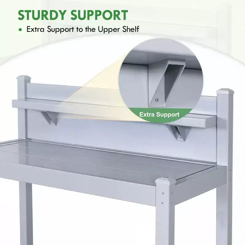 Outdoor Indoor Maintenance Free Vinyl Garden Potting Bench, Waterproof Potting Table with Open Shelf, Lower Storage, Gray