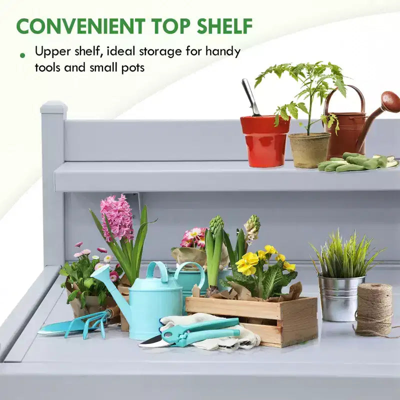 Outdoor Indoor Maintenance Free Vinyl Garden Potting Bench, Waterproof Potting Table with Open Shelf, Lower Storage, Gray