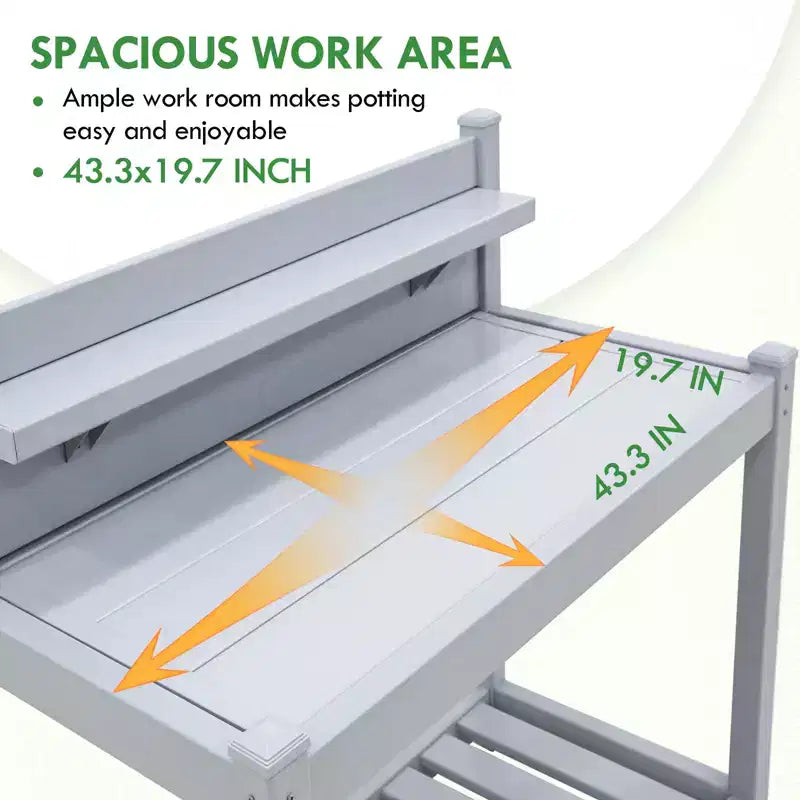 Outdoor Indoor Maintenance Free Vinyl Garden Potting Bench, Waterproof Potting Table with Open Shelf, Lower Storage, Gray