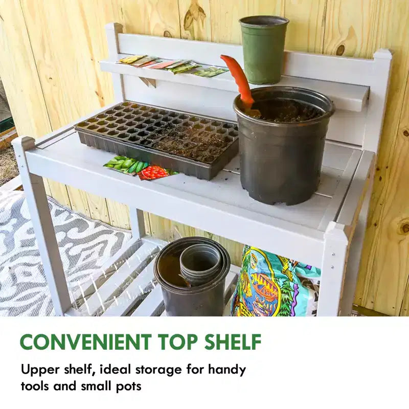 Outdoor Indoor Maintenance Free Vinyl Garden Potting Bench, Waterproof Potting Table with Open Shelf, Lower Storage, Gray