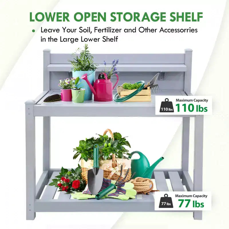 Outdoor Indoor Maintenance Free Vinyl Garden Potting Bench, Waterproof Potting Table with Open Shelf, Lower Storage, Gray