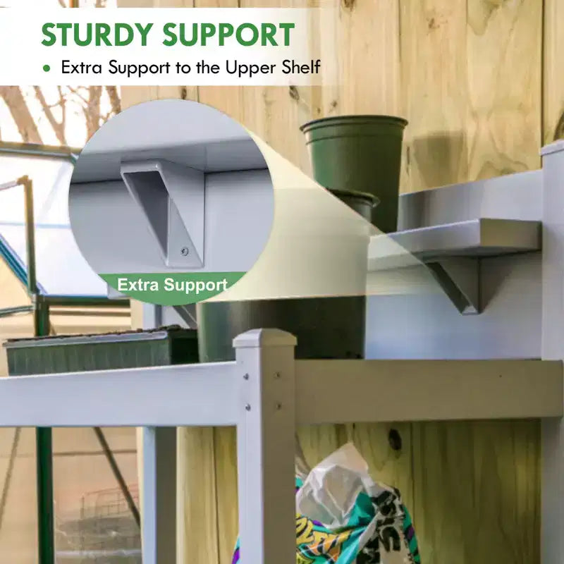 Outdoor Indoor Maintenance Free Vinyl Garden Potting Bench, Waterproof Potting Table with Open Shelf, Lower Storage, Gray