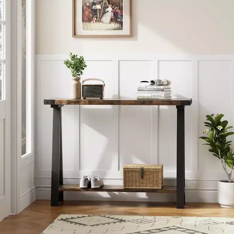Farmhouse Narrow Entryway Table, 43.3 Console Table with Storage, 2 Tier Sofa Table with Metal Frame and MDF, Narrow Console Table for Home
