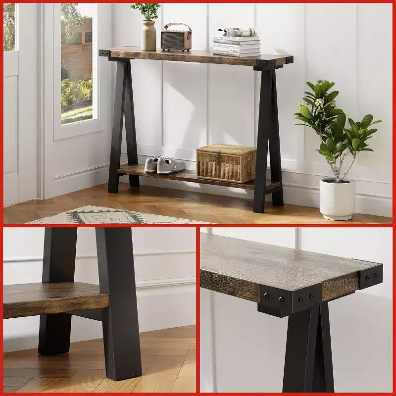 Farmhouse Narrow Entryway Table, 43.3 Console Table with Storage, 2 Tier Sofa Table with Metal Frame and MDF, Narrow Console Table for Home