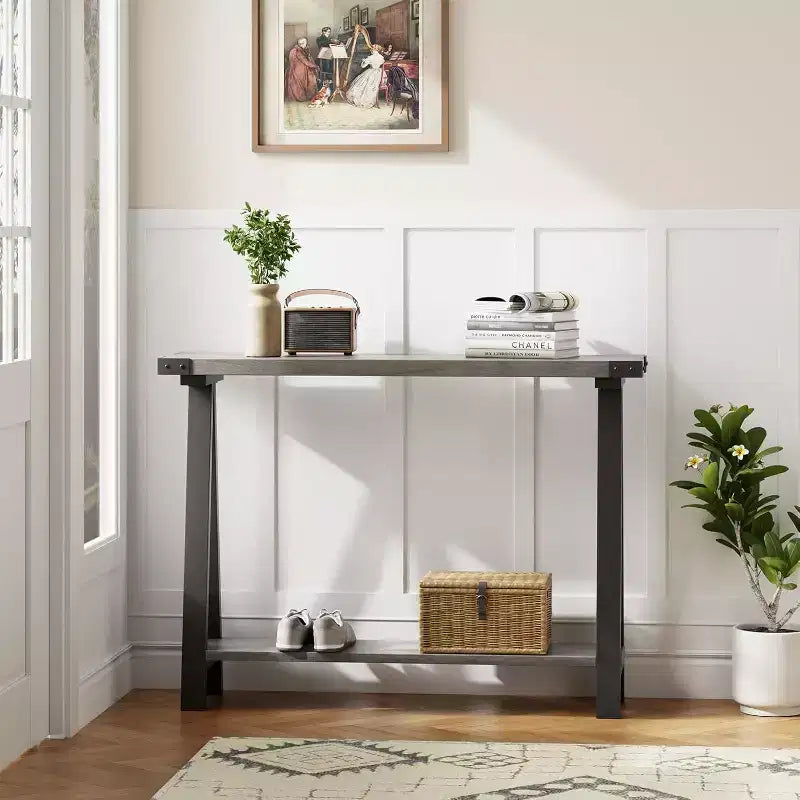 Farmhouse Narrow Entryway Table, 43.3 Console Table with Storage, 2 Tier Sofa Table with Metal Frame and MDF, Narrow Console Table for Home