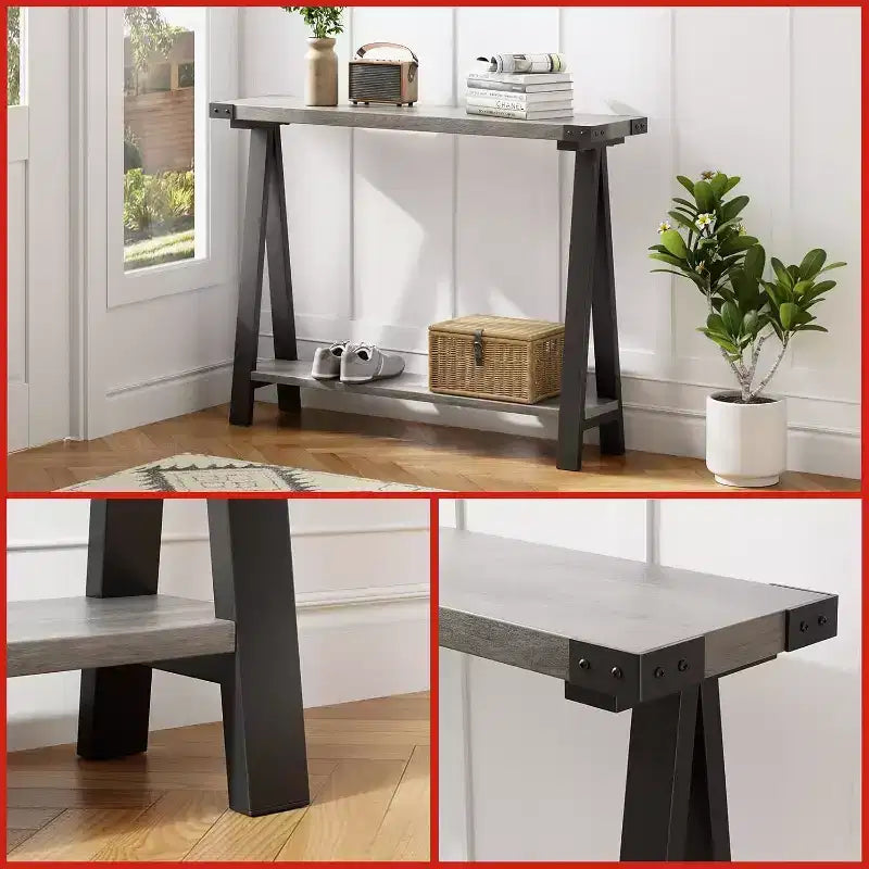 Farmhouse Narrow Entryway Table, 43.3 Console Table with Storage, 2 Tier Sofa Table with Metal Frame and MDF, Narrow Console Table for Home