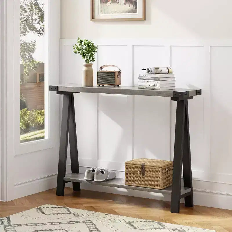 Farmhouse Narrow Entryway Table, 43.3 Console Table with Storage, 2 Tier Sofa Table with Metal Frame and MDF, Narrow Console Table for Home