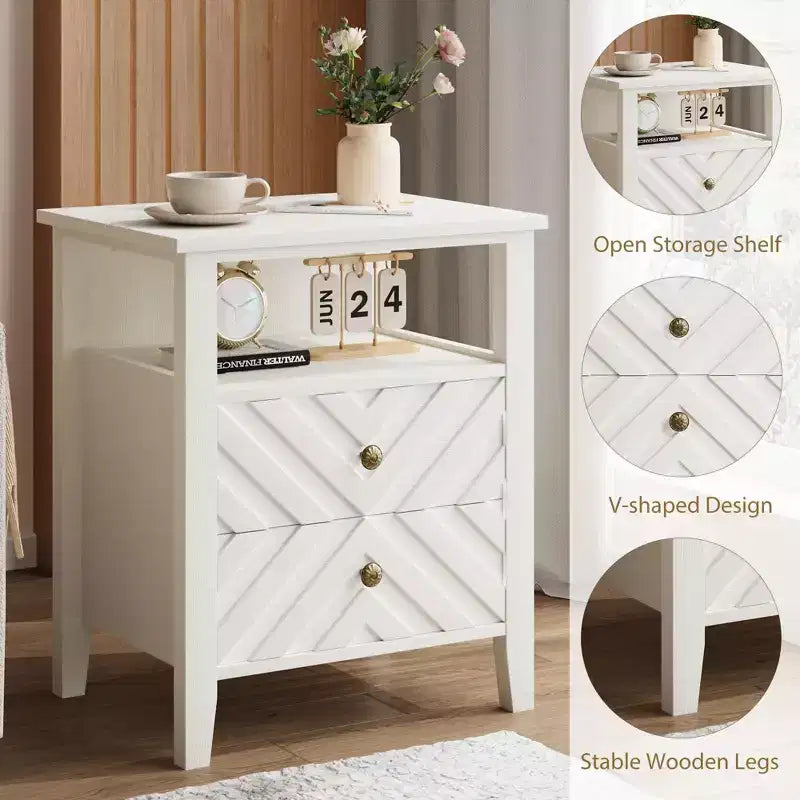 LED Night Stand with 2 Storage Drawers and Legs, Farmhouse Nightstand with Open Storage Shelf, Rustic Bedside Table for Bedroom Living Room