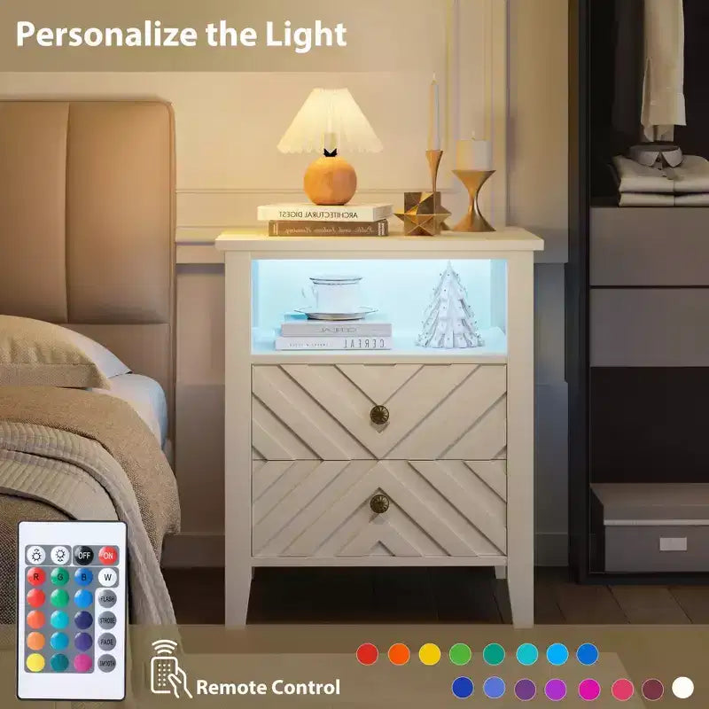 LED Night Stand with 2 Storage Drawers and Legs, Farmhouse Nightstand with Open Storage Shelf, Rustic Bedside Table for Bedroom Living Room