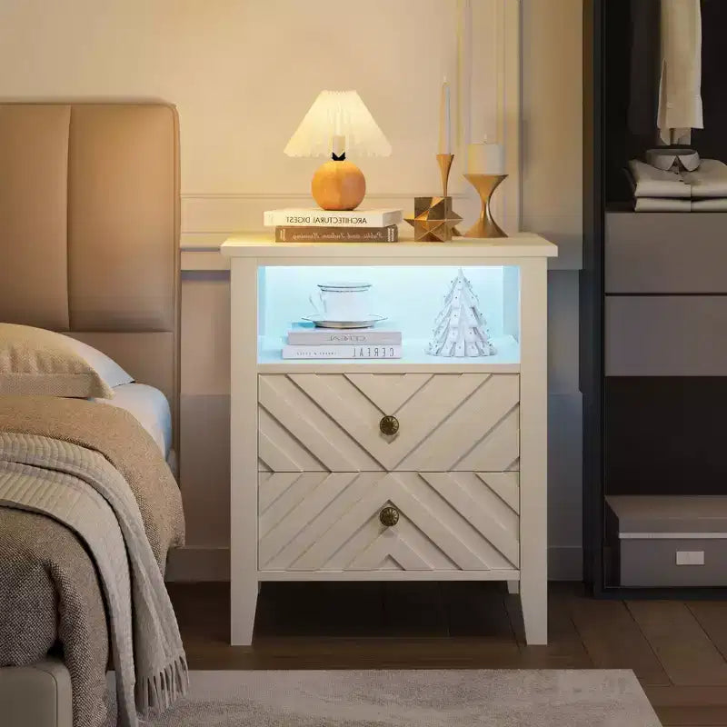 LED Night Stand with 2 Storage Drawers and Legs, Farmhouse Nightstand with Open Storage Shelf, Rustic Bedside Table for Bedroom Living Room