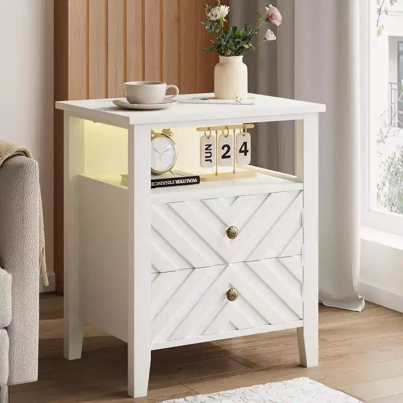 LED Night Stand with 2 Storage Drawers and Legs, Farmhouse Nightstand with Open Storage Shelf, Rustic Bedside Table for Bedroom Living Room