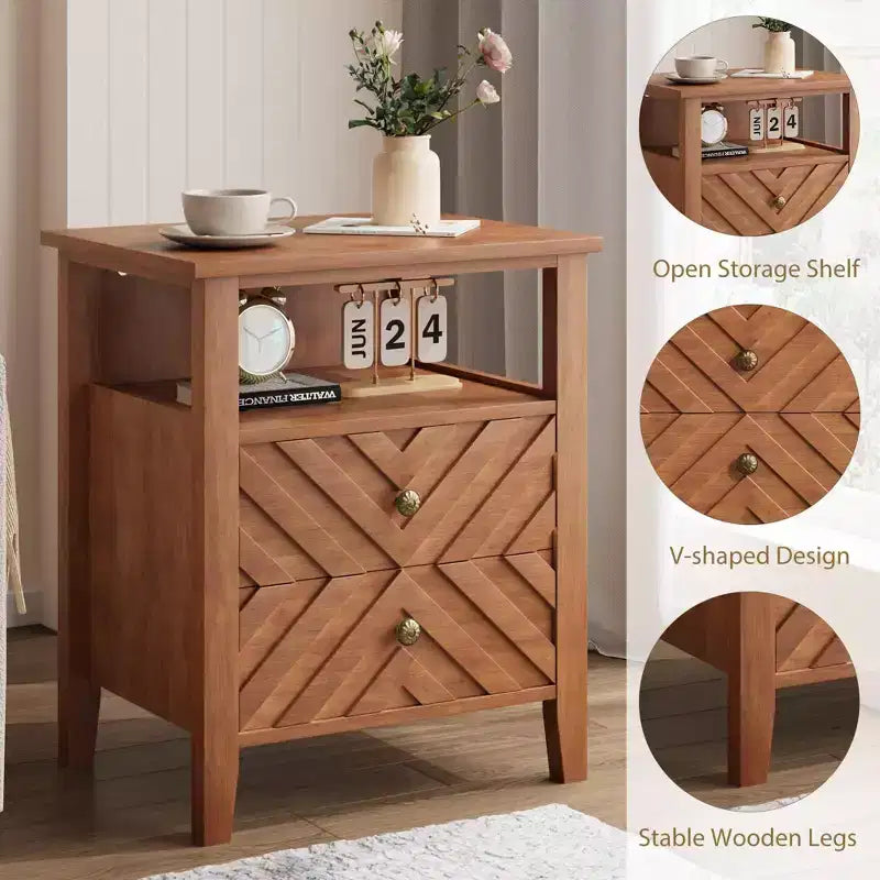 LED Night Stand with 2 Storage Drawers and Legs, Farmhouse Nightstand with Open Storage Shelf, Rustic Bedside Table for Bedroom Living Room
