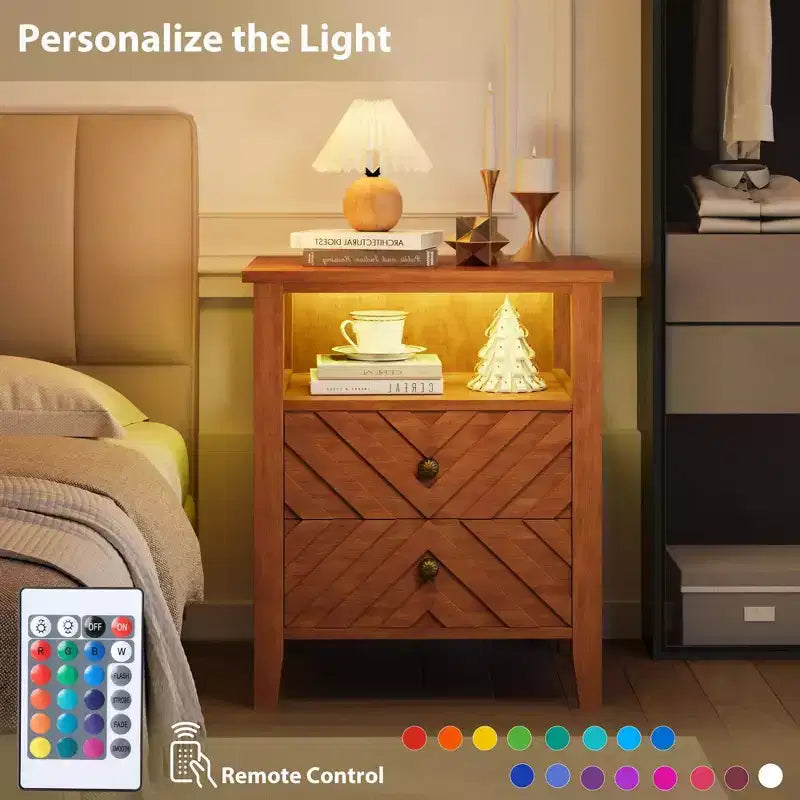 LED Night Stand with 2 Storage Drawers and Legs, Farmhouse Nightstand with Open Storage Shelf, Rustic Bedside Table for Bedroom Living Room