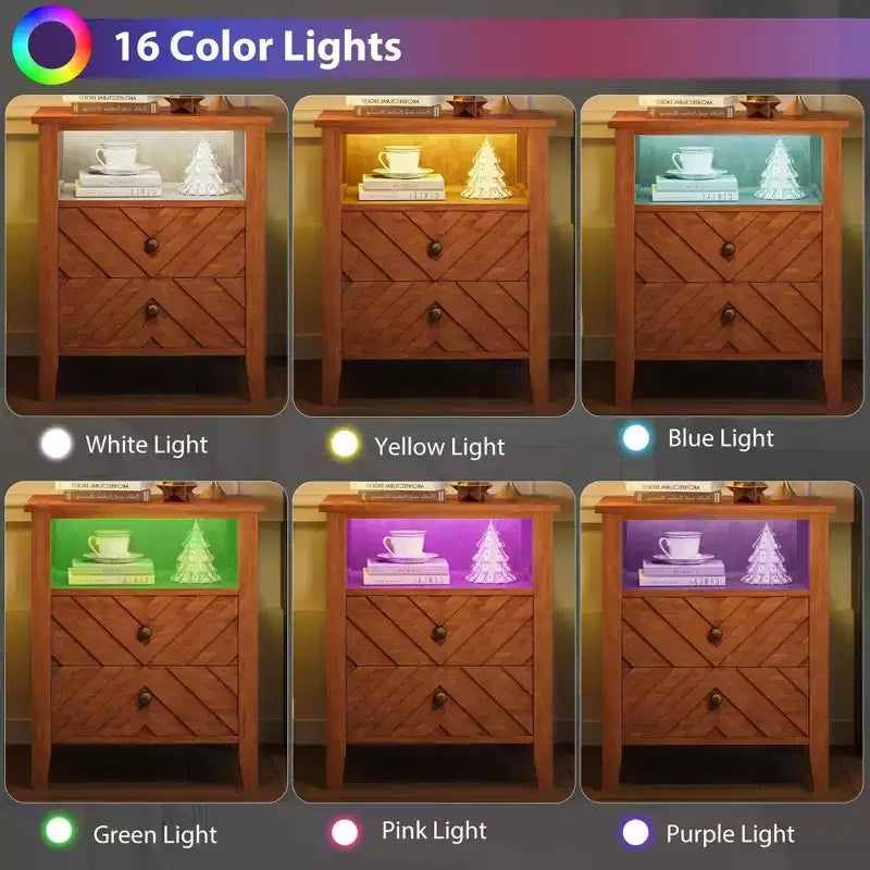 LED Night Stand with 2 Storage Drawers and Legs, Farmhouse Nightstand with Open Storage Shelf, Rustic Bedside Table for Bedroom Living Room