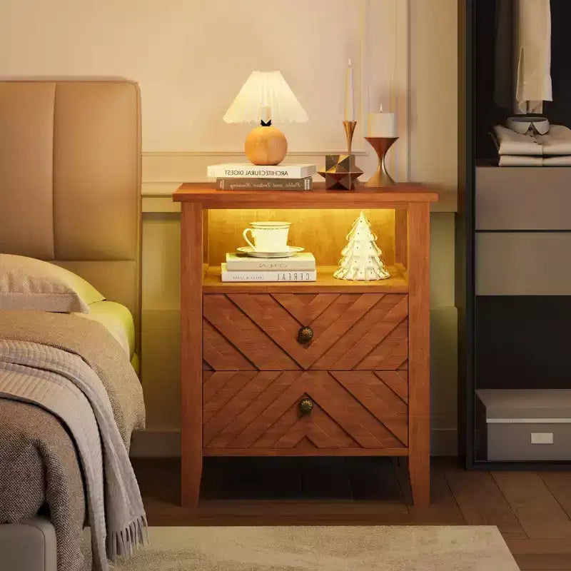 LED Night Stand with 2 Storage Drawers and Legs, Farmhouse Nightstand with Open Storage Shelf, Rustic Bedside Table for Bedroom Living Room