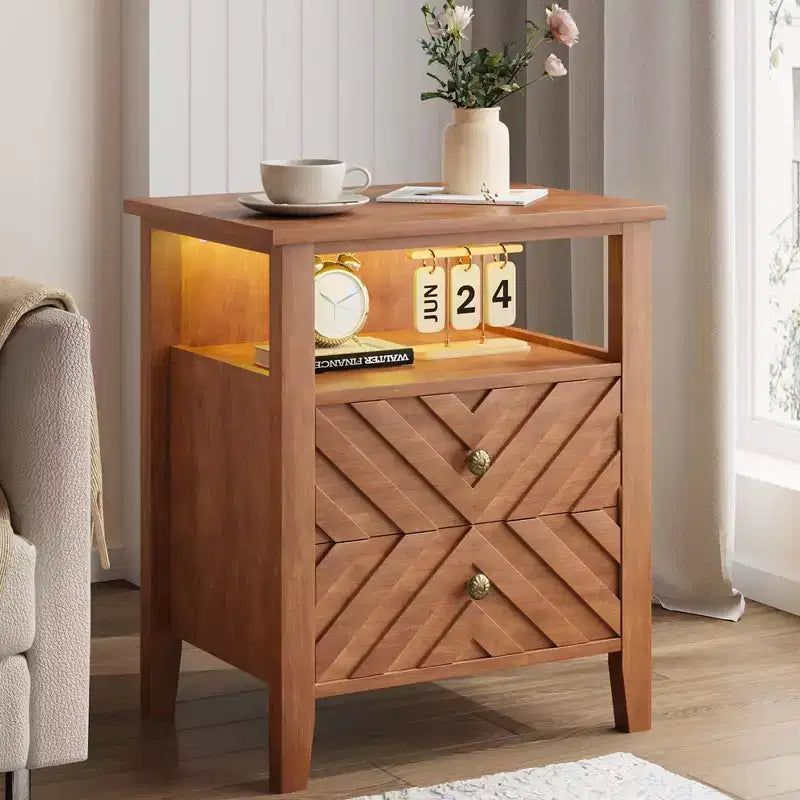 LED Night Stand with 2 Storage Drawers and Legs, Farmhouse Nightstand with Open Storage Shelf, Rustic Bedside Table for Bedroom Living Room
