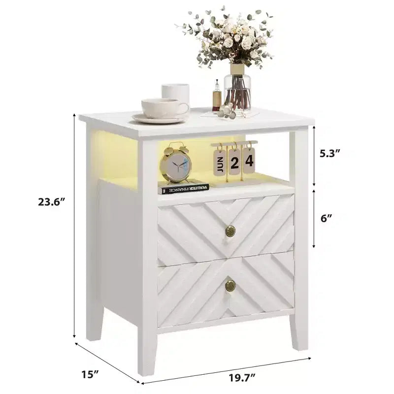 LED Night Stand with 2 Storage Drawers and Legs, Farmhouse Nightstand with Open Storage Shelf, Rustic Bedside Table for Bedroom Living Room