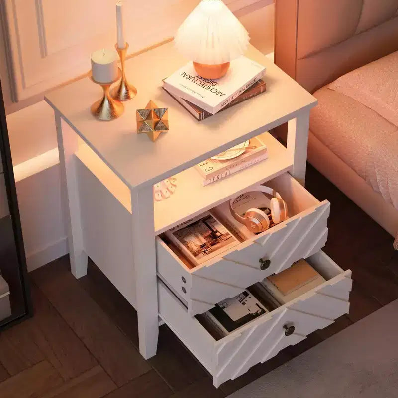 LED Night Stand with 2 Storage Drawers and Legs, Farmhouse Nightstand with Open Storage Shelf, Rustic Bedside Table for Bedroom Living Room