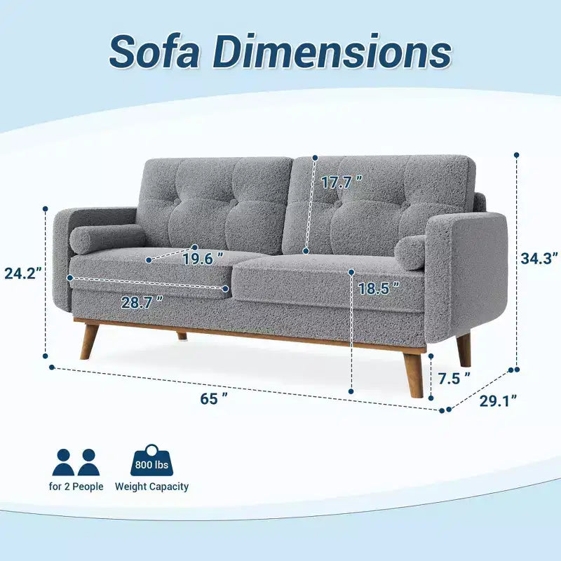 65 Mid Century Modern Loveseat Sofa, 2 Seater Linen Upholstered Couch with Button Tufted Design & Wood Legs for Living Room & Apartment