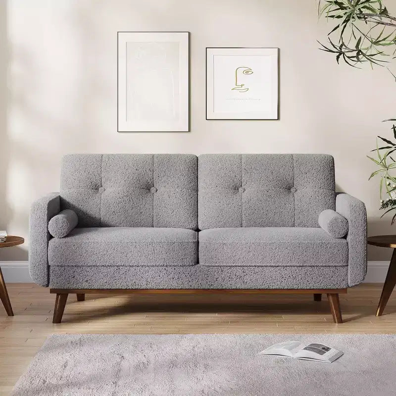 65 Mid Century Modern Loveseat Sofa, 2 Seater Linen Upholstered Couch with Button Tufted Design & Wood Legs for Living Room & Apartment