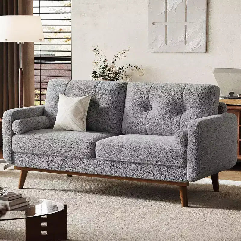 65 Mid Century Modern Loveseat Sofa, 2 Seater Linen Upholstered Couch with Button Tufted Design & Wood Legs for Living Room & Apartment