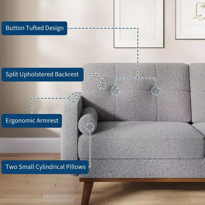 65 Mid Century Modern Loveseat Sofa, 2 Seater Linen Upholstered Couch with Button Tufted Design & Wood Legs for Living Room & Apartment