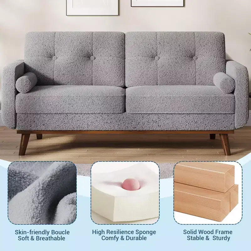 65 Mid Century Modern Loveseat Sofa, 2 Seater Linen Upholstered Couch with Button Tufted Design & Wood Legs for Living Room & Apartment