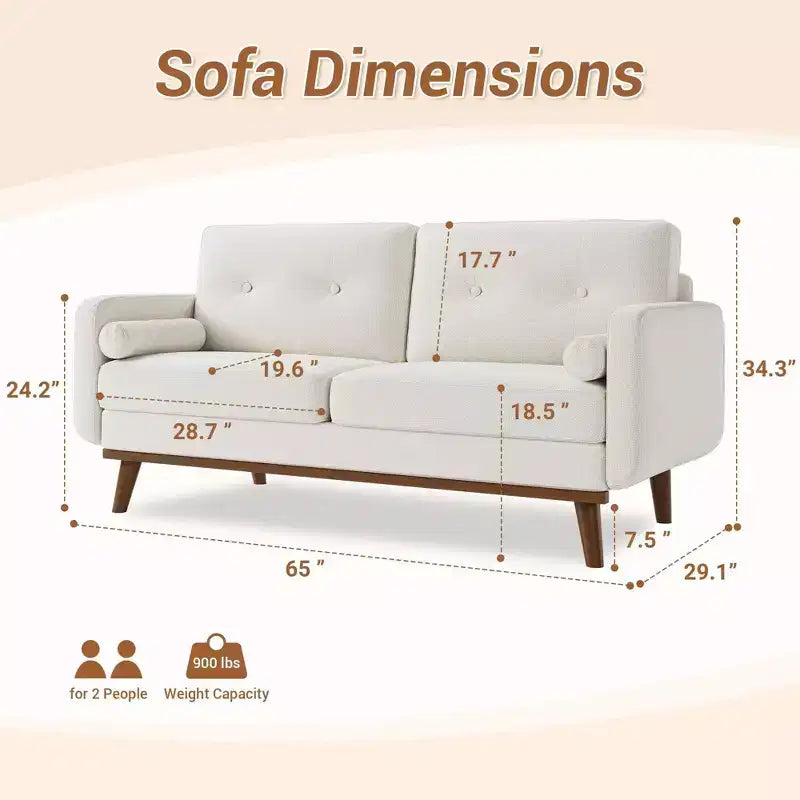 65 Mid Century Modern Loveseat Sofa, 2 Seater Linen Upholstered Couch with Button Tufted Design & Wood Legs for Living Room & Apartment