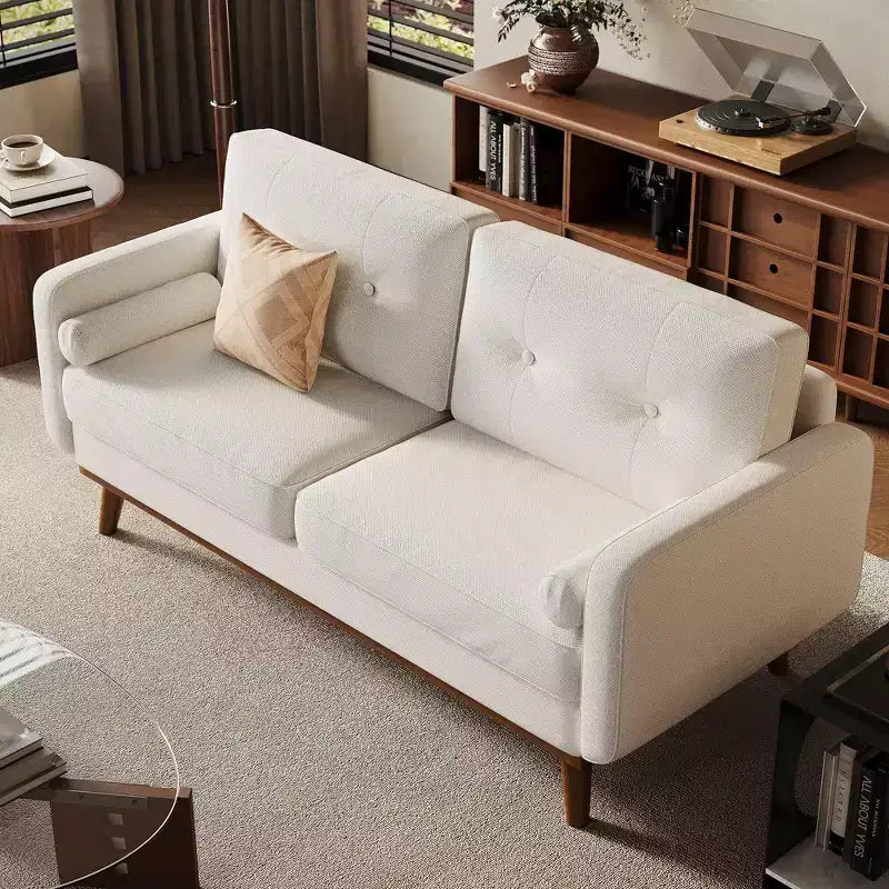 65 Mid Century Modern Loveseat Sofa, 2 Seater Linen Upholstered Couch with Button Tufted Design & Wood Legs for Living Room & Apartment