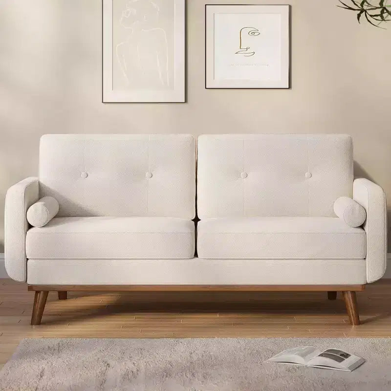 65 Mid Century Modern Loveseat Sofa, 2 Seater Linen Upholstered Couch with Button Tufted Design & Wood Legs for Living Room & Apartment