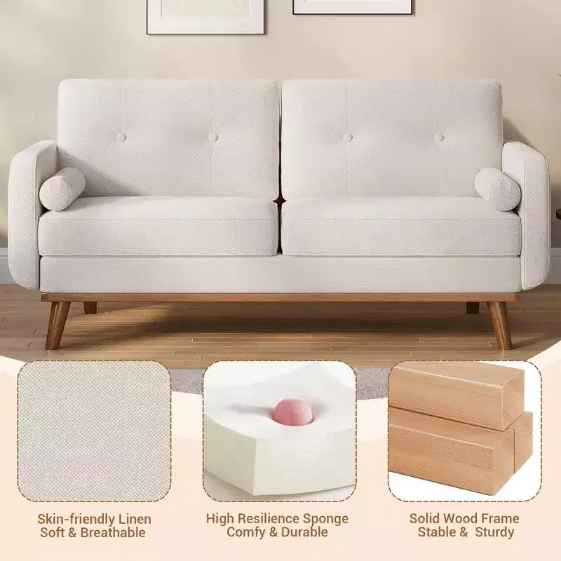 65 Mid Century Modern Loveseat Sofa, 2 Seater Linen Upholstered Couch with Button Tufted Design & Wood Legs for Living Room & Apartment