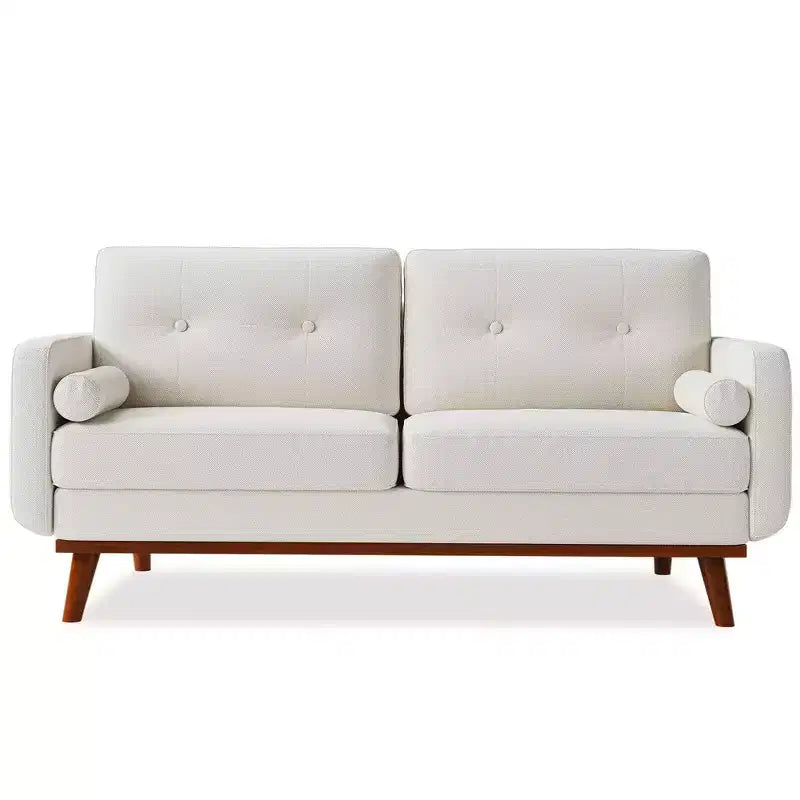 65 Mid Century Modern Loveseat Sofa, 2 Seater Linen Upholstered Couch with Button Tufted Design & Wood Legs for Living Room & Apartment