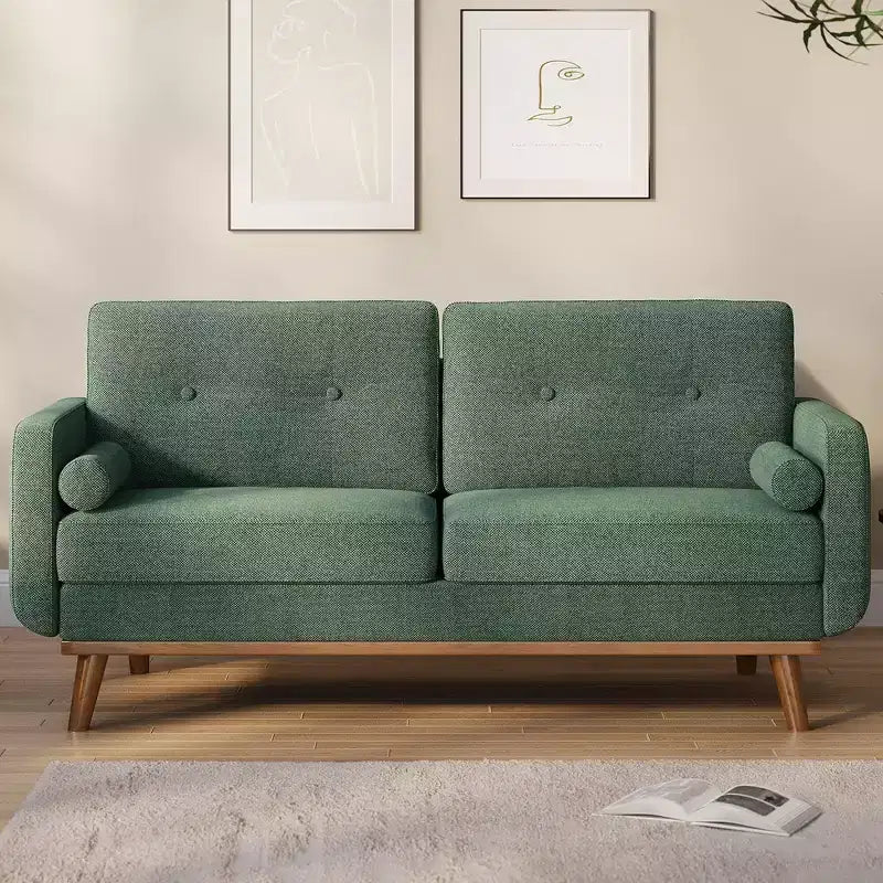 65 Mid Century Modern Loveseat Sofa, 2 Seater Linen Upholstered Couch with Button Tufted Design & Wood Legs for Living Room & Apartment