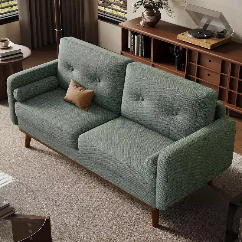 65 Mid Century Modern Loveseat Sofa, 2 Seater Linen Upholstered Couch with Button Tufted Design & Wood Legs for Living Room & Apartment