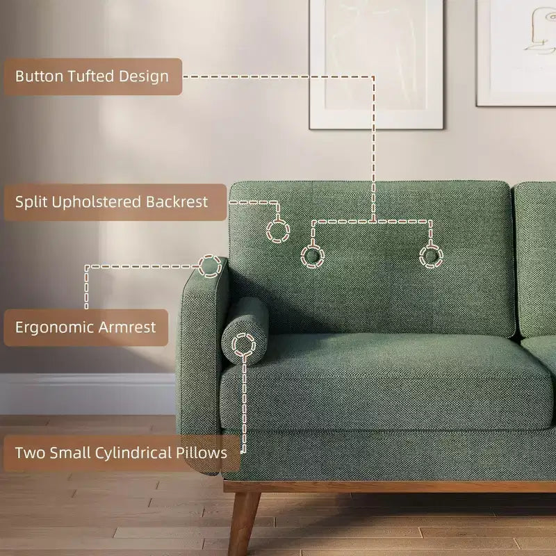 65 Mid Century Modern Loveseat Sofa, 2 Seater Linen Upholstered Couch with Button Tufted Design & Wood Legs for Living Room & Apartment