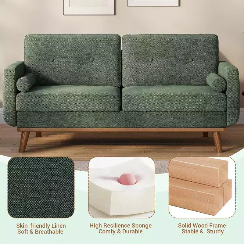 65 Mid Century Modern Loveseat Sofa, 2 Seater Linen Upholstered Couch with Button Tufted Design & Wood Legs for Living Room & Apartment