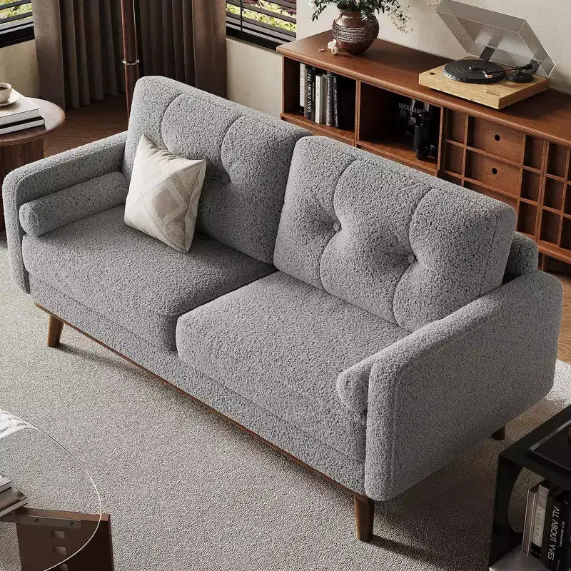65 Mid Century Modern Loveseat Sofa, 2 Seater Linen Upholstered Couch with Button Tufted Design & Wood Legs for Living Room & Apartment