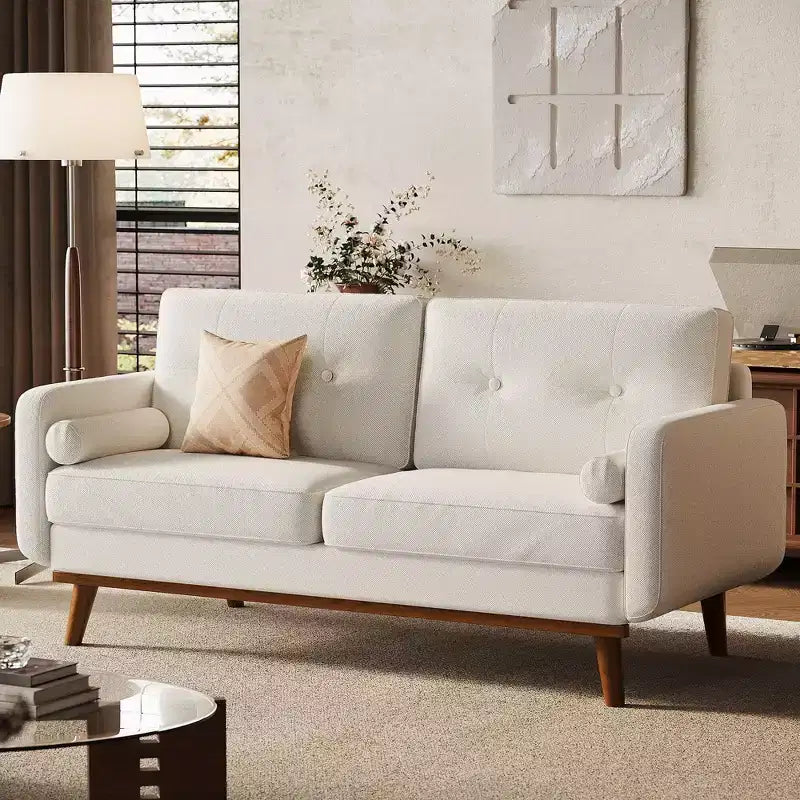 65 Mid Century Modern Loveseat Sofa, 2 Seater Linen Upholstered Couch with Button Tufted Design & Wood Legs for Living Room & Apartment