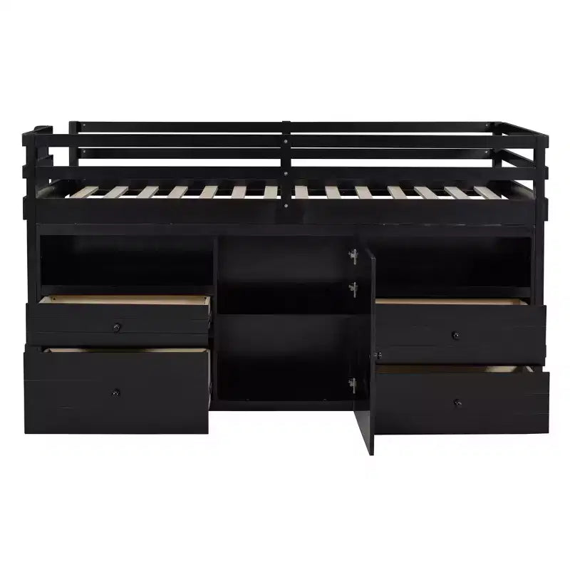 Twin Size Low Loft Bed for Kids, Wood Twin Loft Bed with Storage Drawers, Underneath Cabinet and Shelves