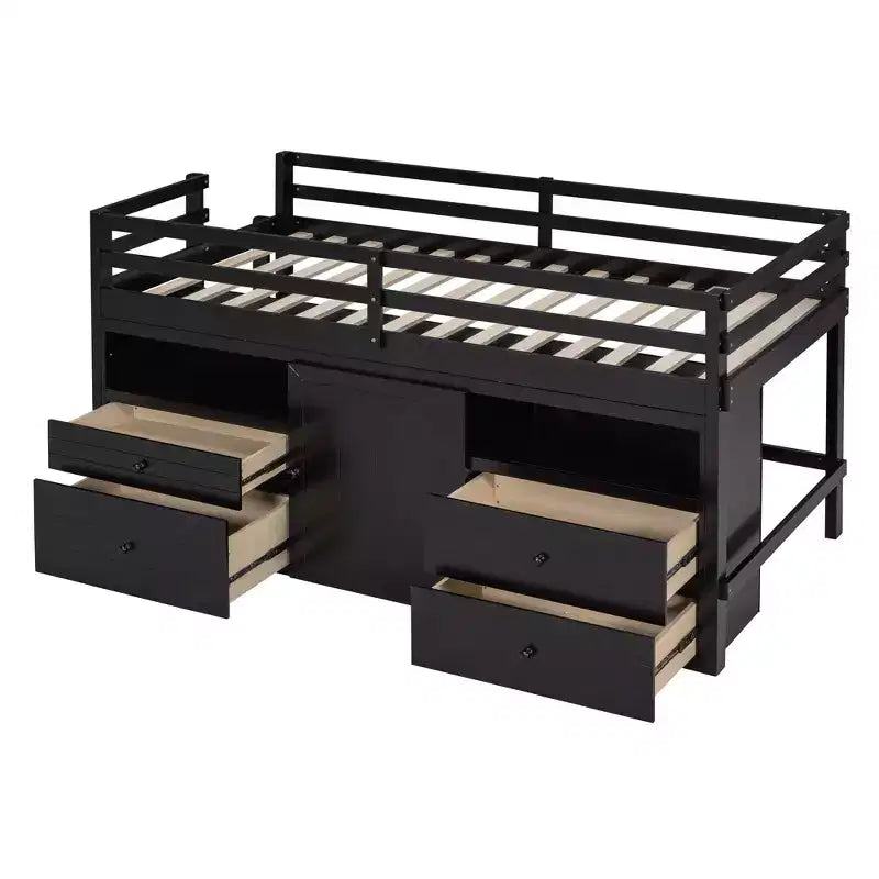 Twin Size Low Loft Bed for Kids, Wood Twin Loft Bed with Storage Drawers, Underneath Cabinet and Shelves