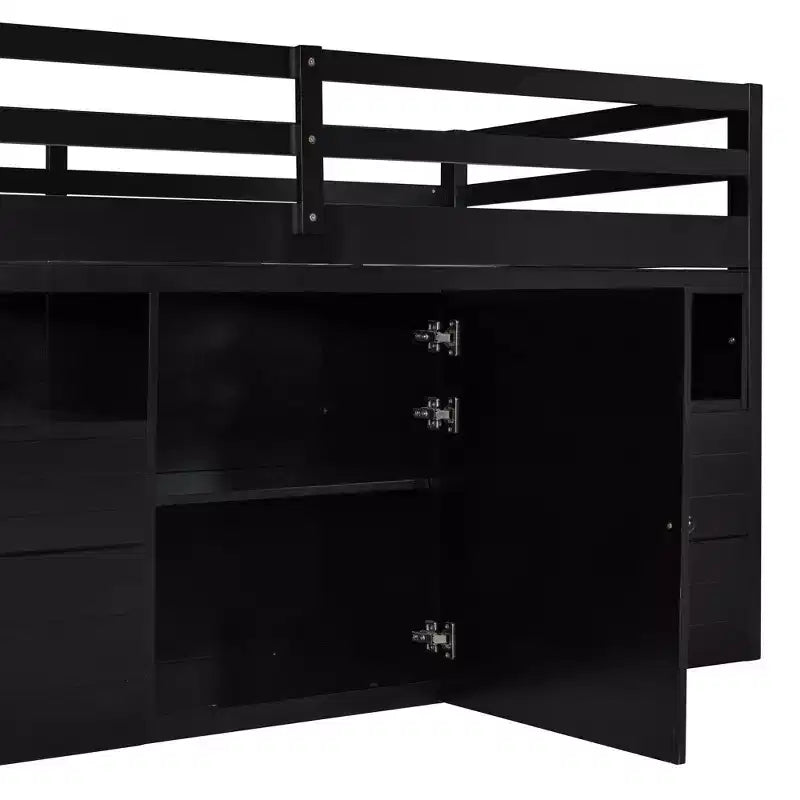 Twin Size Low Loft Bed for Kids, Wood Twin Loft Bed with Storage Drawers, Underneath Cabinet and Shelves