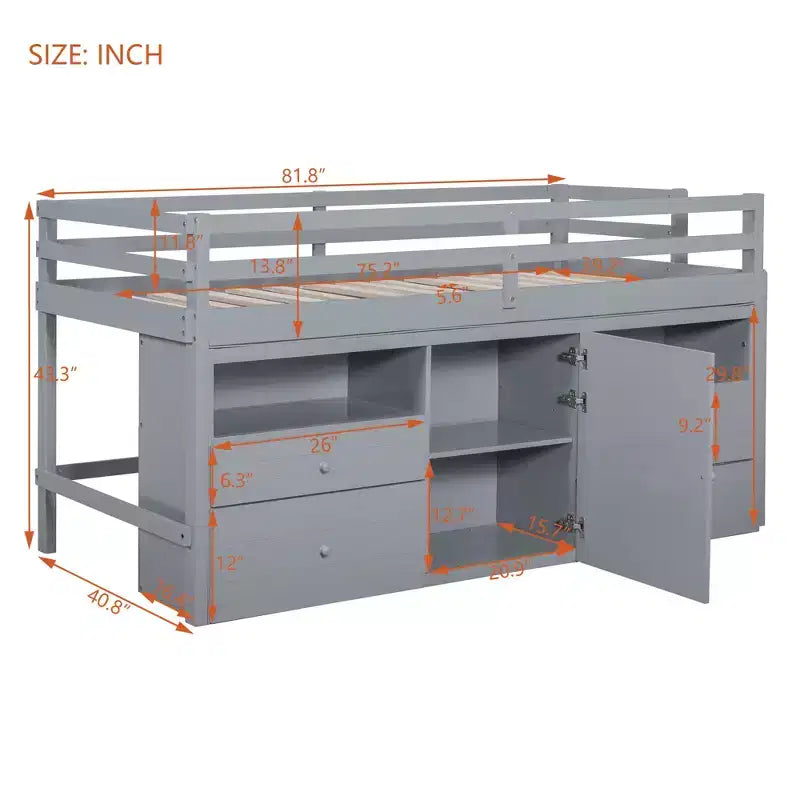 Twin Size Low Loft Bed for Kids, Wood Twin Loft Bed with Storage Drawers, Underneath Cabinet and Shelves