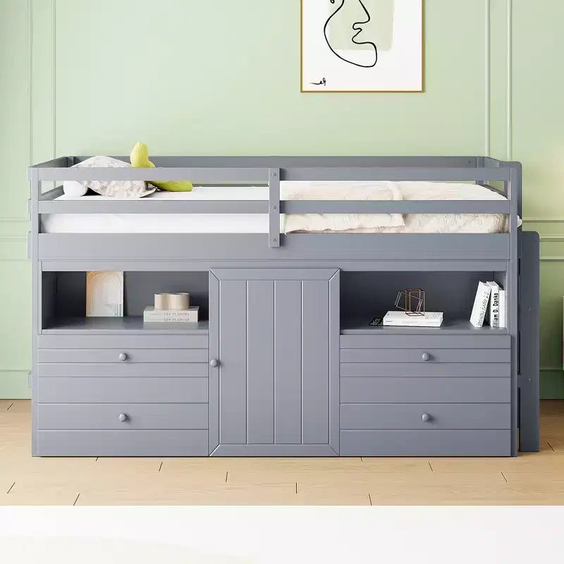 Twin Size Low Loft Bed for Kids, Wood Twin Loft Bed with Storage Drawers, Underneath Cabinet and Shelves