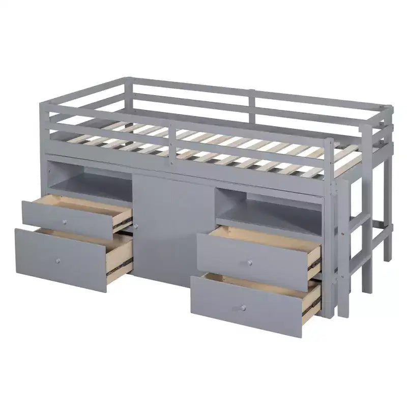 Twin Size Low Loft Bed for Kids, Wood Twin Loft Bed with Storage Drawers, Underneath Cabinet and Shelves